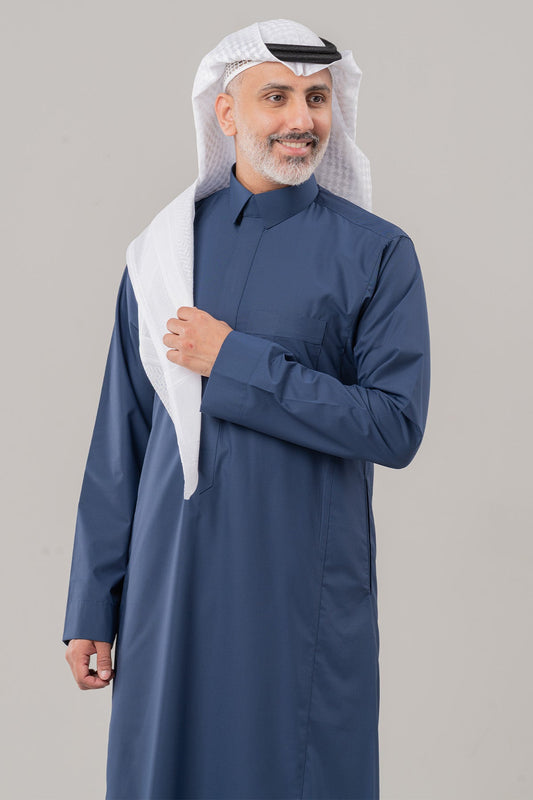 Al Shiaka Men’s Business Thobe, Qalab Collar, Navy